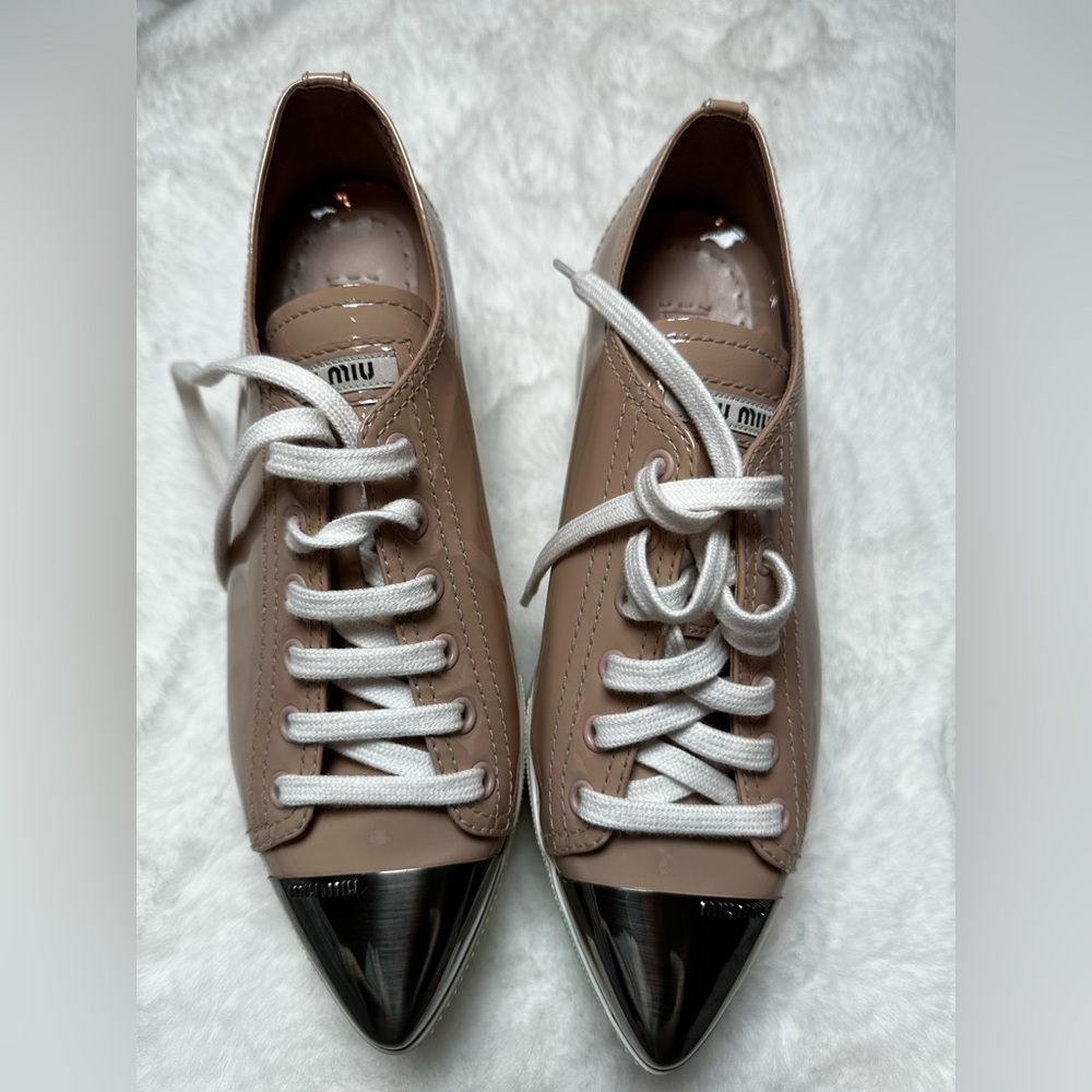 Miu Miu Beige and White Sneakers with Silver Accents
